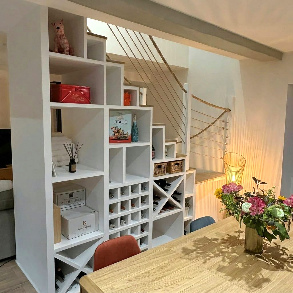 Escalier avec bibliothèque et cave à vin intégrées sur-mesure — Dévéco Design